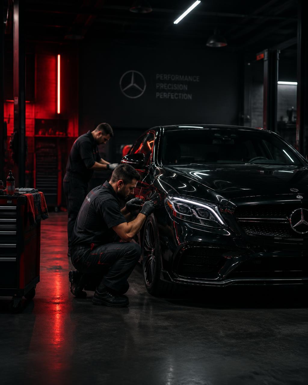 Technicians working on a luxury car in the workshop