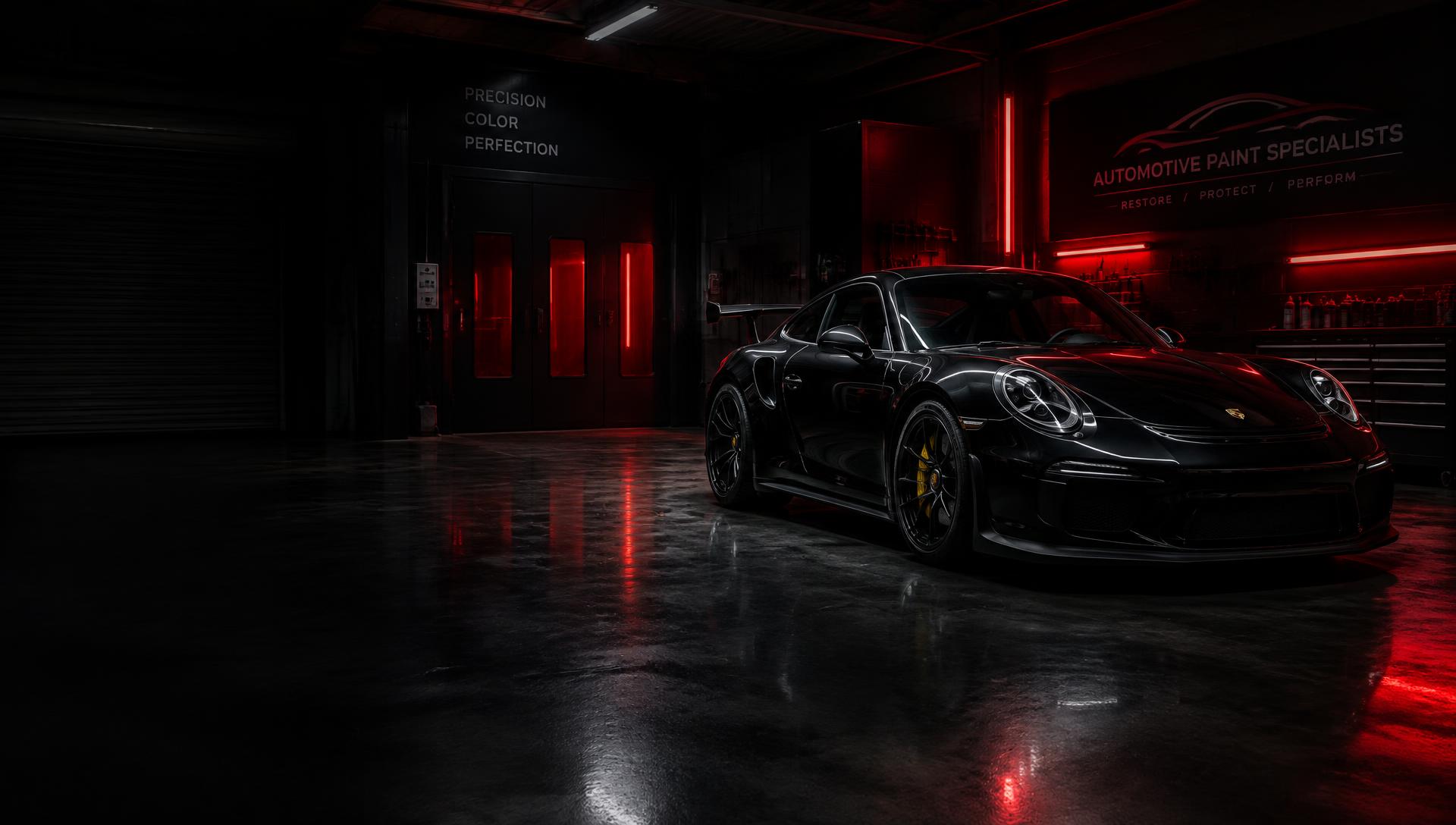 Glossy black sports car in a dark paint shop with red lighting