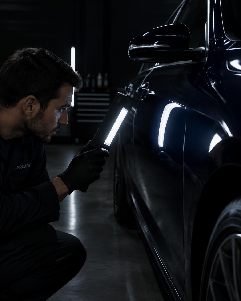 Technician inspecting fresh paintwork with a light